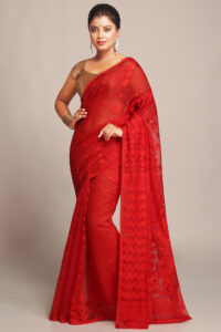 red dhakai flower jamdani