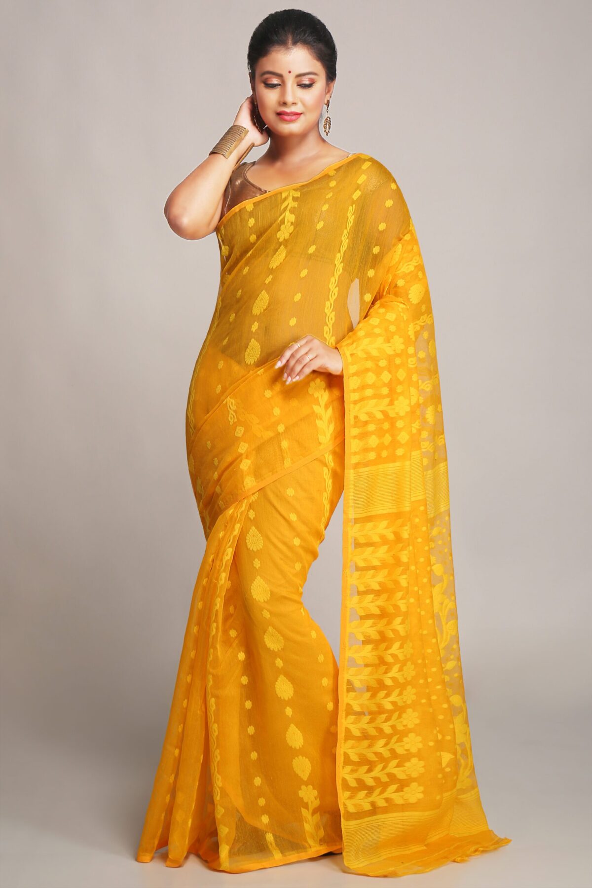yellow by yellow dhakai flower jamdani